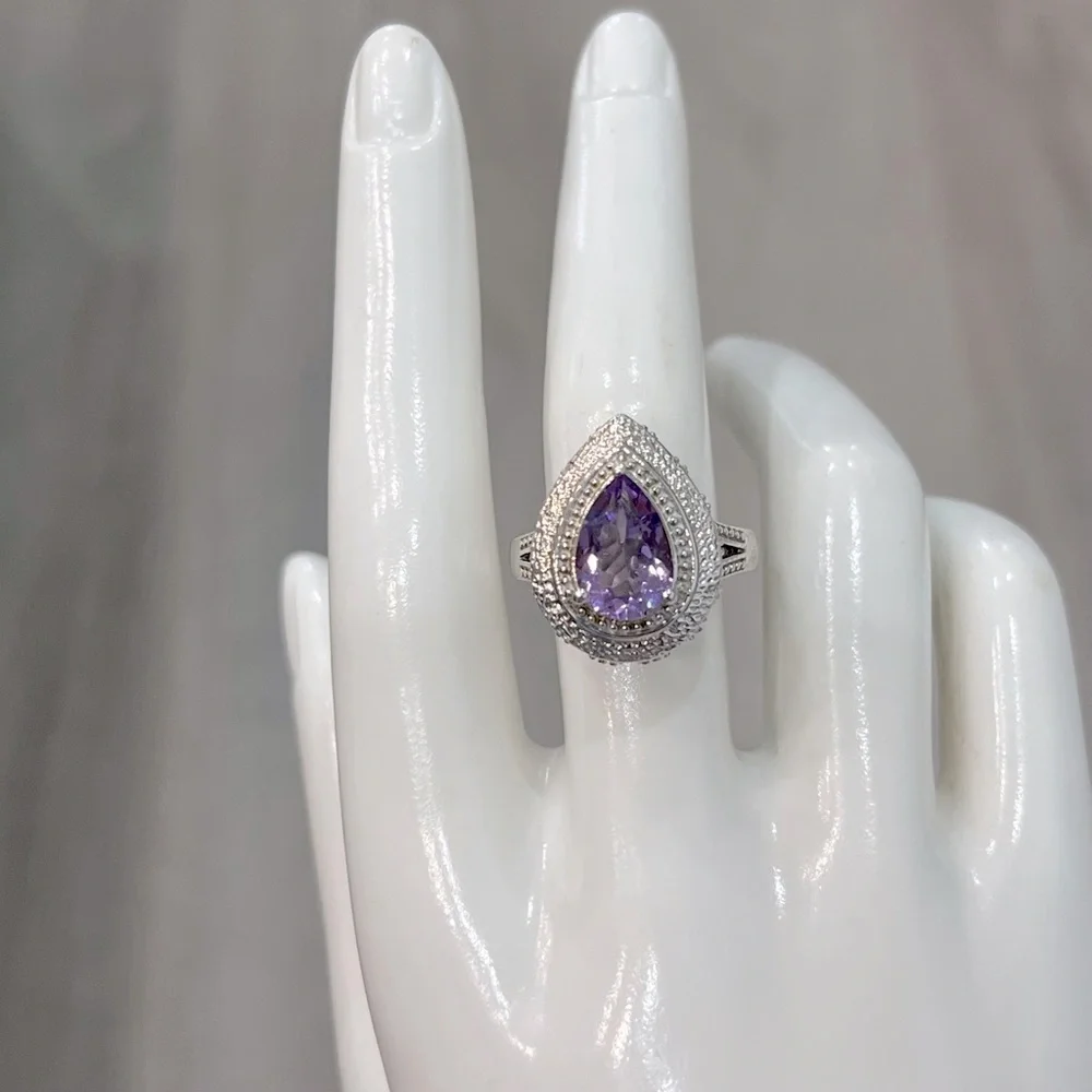 Rose de France Amethyst Pear Shaped Sterling Silver Ring Sz 8
